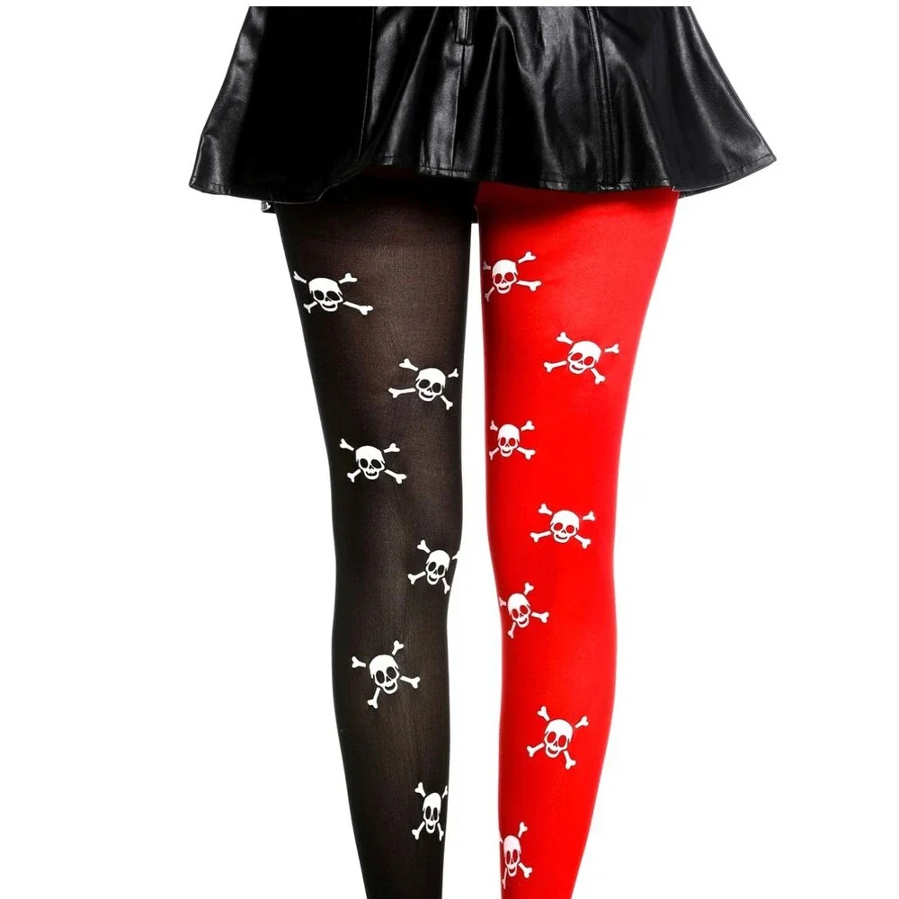 Red Black Skull Crossbones Thigh High Stockings Harlequin Goth Punk Costume